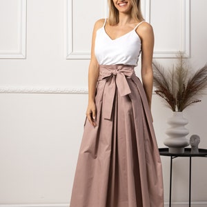 Fit and Flare Summer Cotton Skirt, Military Green High Rise Skirt, Formal Bow Tie Sash Skirt, Maxi Pleated Plus Size Edwardian Style Skirt Dusty Rose