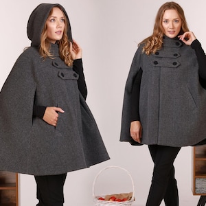 Vintage Inspired Winter Cape Coat with Hood, Short Wool Cloak, Plus Size Cape Women, Elven Style Cloak, Hooded Cape Coat, Swing Walking Cape