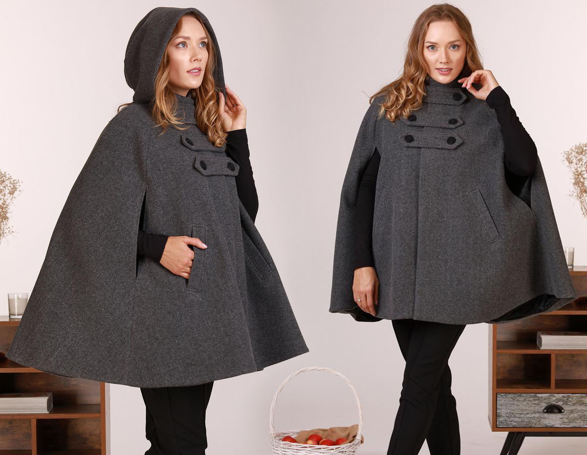 NikkaPlace Hooded Wool Cloak Coat