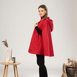 Hooded Cape Coat with Pockets, Winter Poncho Cloak, Plus Size Clothing, Short Cape Wool Mix Cloak, Poncho Jacket, Elegant Petite Swing Cape image 8