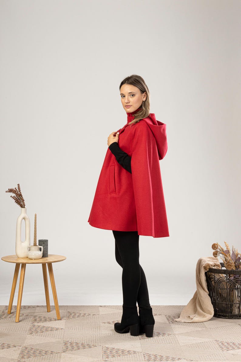 Hooded Cape Coat with Pockets, Winter Poncho Cloak, Plus Size Clothing, Short Cape Wool Mix Cloak, Poncho Jacket, Elegant Petite Swing Cape image 8
