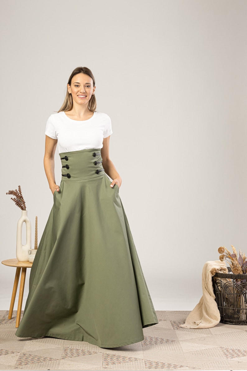 High Waisted Empire Line Victorian Walking Skirt for Summer, Edwardian Designer-Made Skirt, 19th Century Maxi Skirt,Fancy Dressy Retro Skirt Sage Green