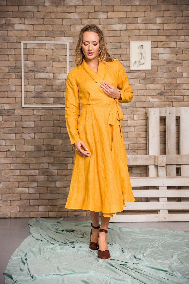 long sleeve linen wrap dress