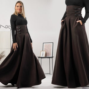 Empire Waist Line Maxi Wool Skirt, Flared Vintage Inspired Skirt with Pockets, Plus Size Wool Clothing, Dark Brown Full Length Ladies Skirt