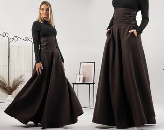 Empire Waist Line Maxi Wool Skirt, Flared Vintage Inspired Skirt with Pockets, Plus Size Wool Clothing, Dark Brown Full Length Ladies Skirt