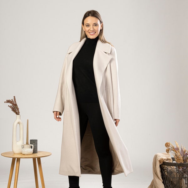 Minimalist Long Off White Wool Coat, Plus Size Princess Coat, Woolen Swing Overcoat, Maxi Fitted Wool Wrap Coat, Winter Trench Coat