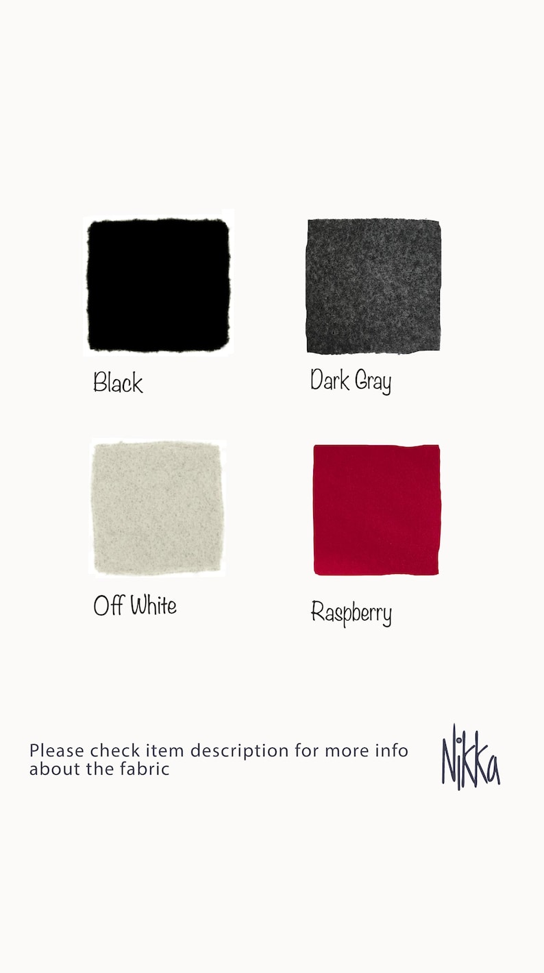 May include: A color chart featuring four square fabric swatches labeled Black, Dark Gray, Off White, and Raspberry. The text reads: Please check item description for more info about the fabric and the brand name Nikka is displayed in the bottom right.
