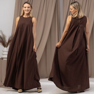 Tank Neckline Plus Size Wedding Guest Dress, Maxi Linen Summer Dress, Long Beach Kaftan Dress, Dark Chocolate Brown Abaya, Voluminous Dress