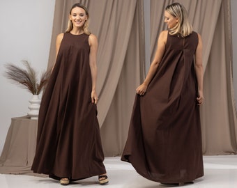 Tank Neckline Plus Size Wedding Guest Dress, Maxi Linen Summer Dress, Long Beach Kaftan Dress, Dark Chocolate Brown Abaya, Voluminous Dress