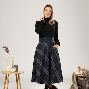 Tartan Wool Midi Skirt, High Waist Plaid Skirt, Plus Size Winter Skirt, Check Bell Circle Skirt, Wool Walking Skirt, 1940s Style Skirt image 6