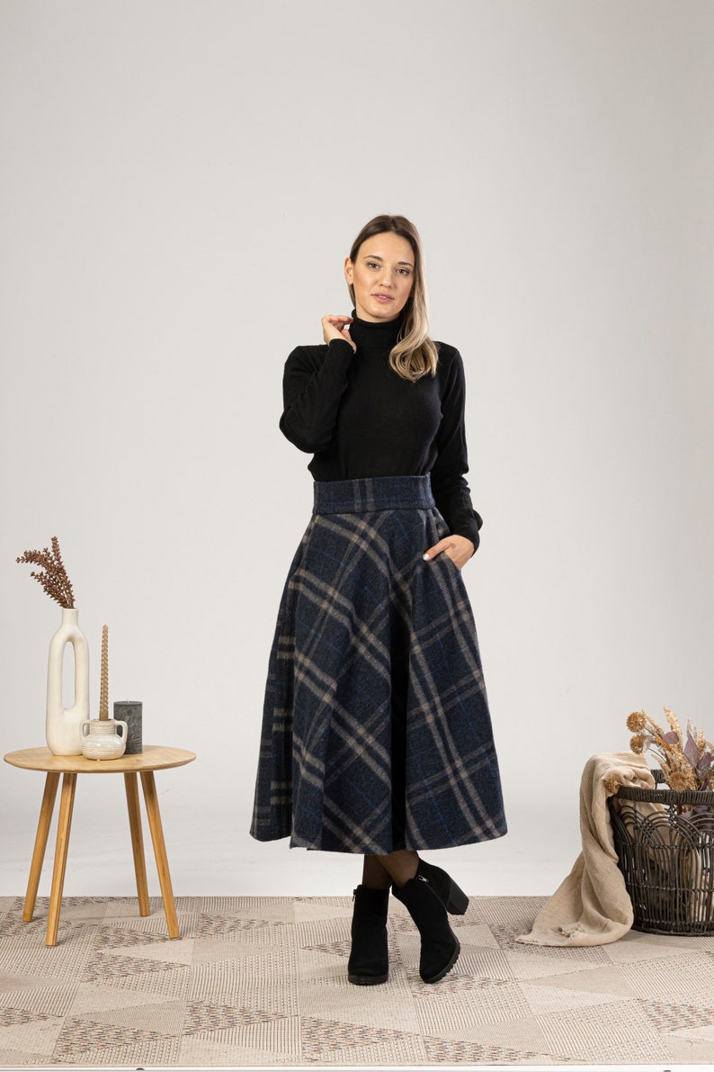 Tartan Wool Midi Skirt, High Waist Plaid Skirt, Plus Size Winter Skirt, Check Bell Circle Skirt, Wool Walking Skirt, 1940s Style Skirt image 6