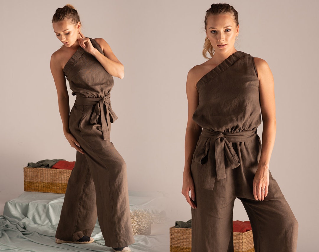 One Shoulder Linen Jumpsuit, Brown Jumpsuit Outfit, Oversized Plus