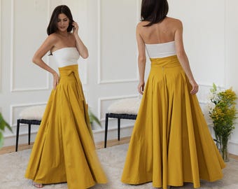 High Waist Maxi Mustard Yellow Skirt: A-Line Edwardian Walking Summer Skirt with Pockets