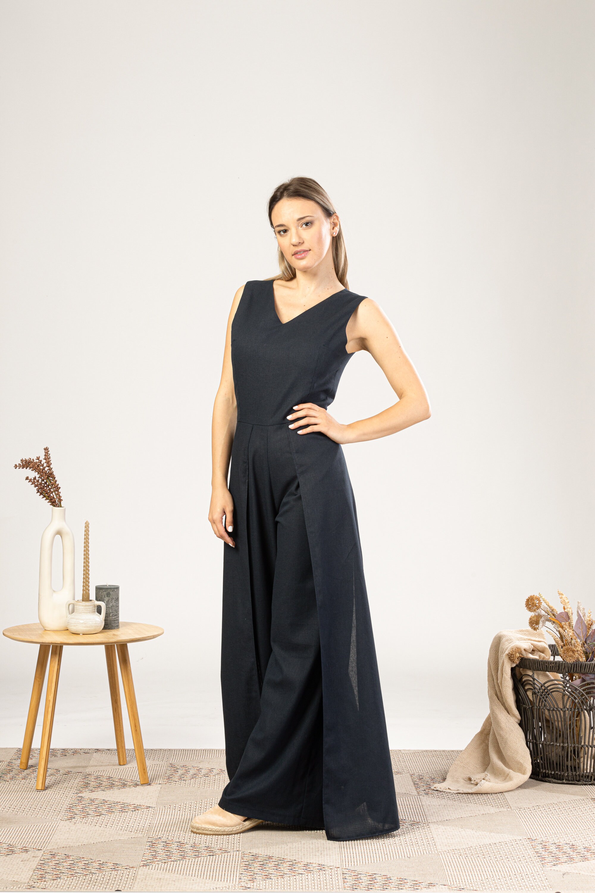 Elegant Black Linen Formal Jumpsuit