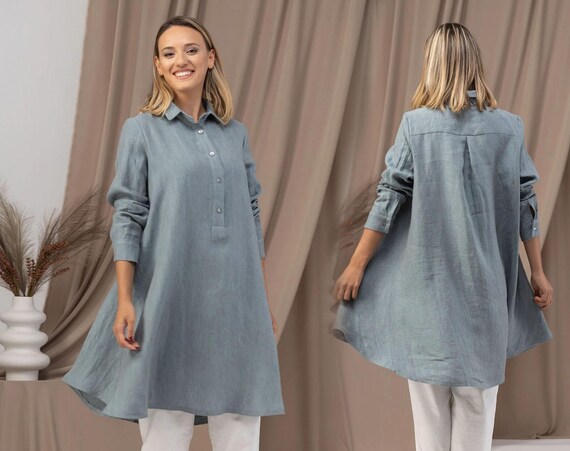 ダスティブルーのリネンオーバーサイズシャツ、夏用の軽量プラスサイズ