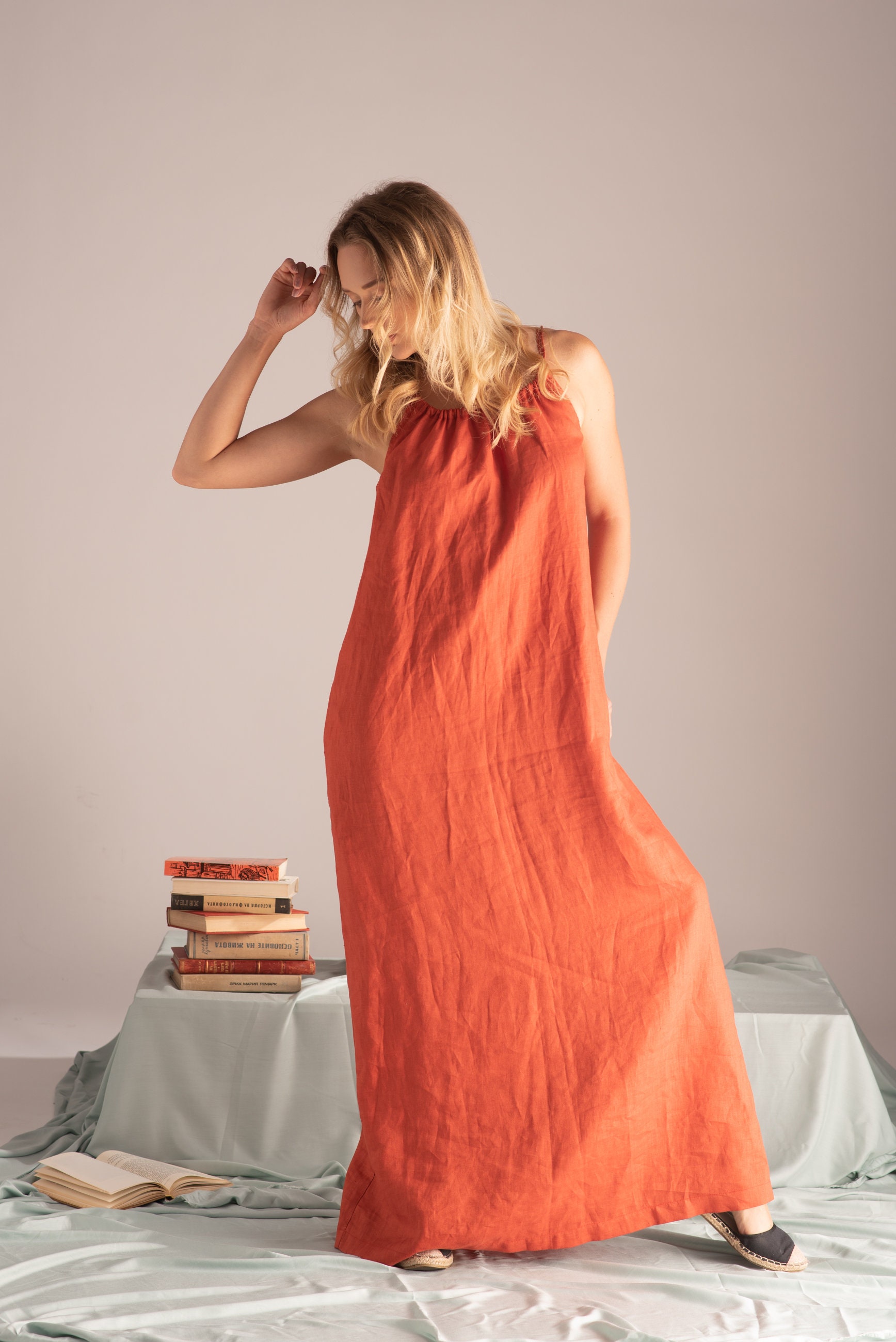 burnt orange linen dress