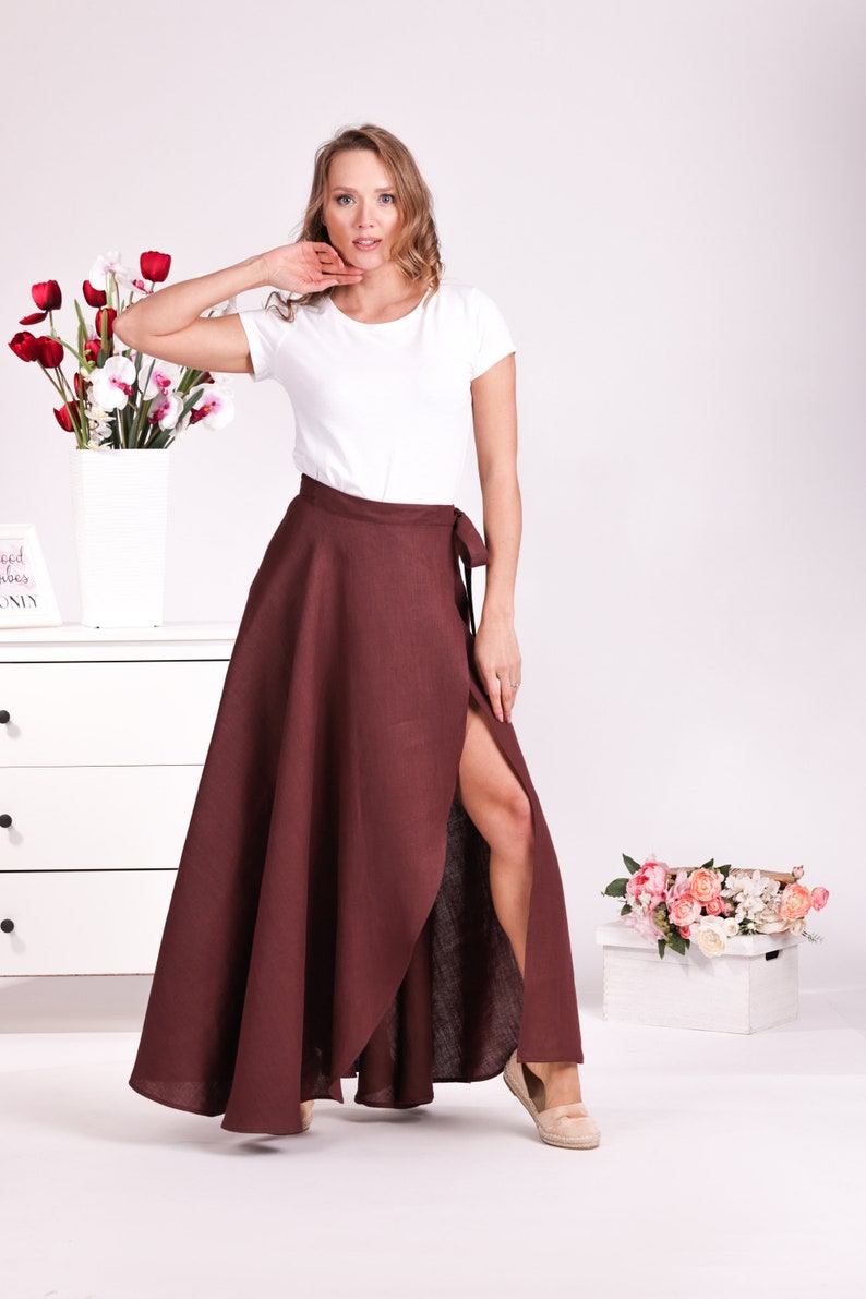 Linen Wrap Maxi Tulip Skirt, Linen Clothing For Women, Plus Size Linen, Boho Long Skirt, Burgundy Autumn Skirt, Loose Flare Skirt