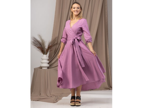Cottagecore Style Plus Size Wedding Guest Dress, Petite Midi Cocktail  Dress, Simple Wrap Around Linen Dress,rose Pink Summer 50s Style Dress -  Etsy Finland