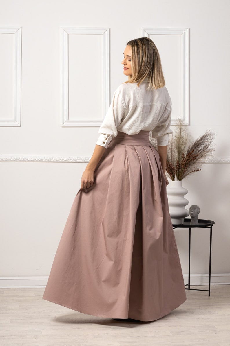 Fit and Flare Summer Cotton Skirt, Military Green High Rise Skirt, Formal Bow Tie Sash Skirt, Maxi Pleated Plus Size Edwardian Style Skirt image 6