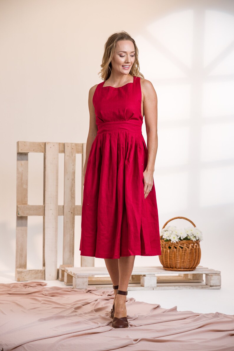 Red Linen Dress Romantic Dress Cocktail Dress Linen Flare Etsy