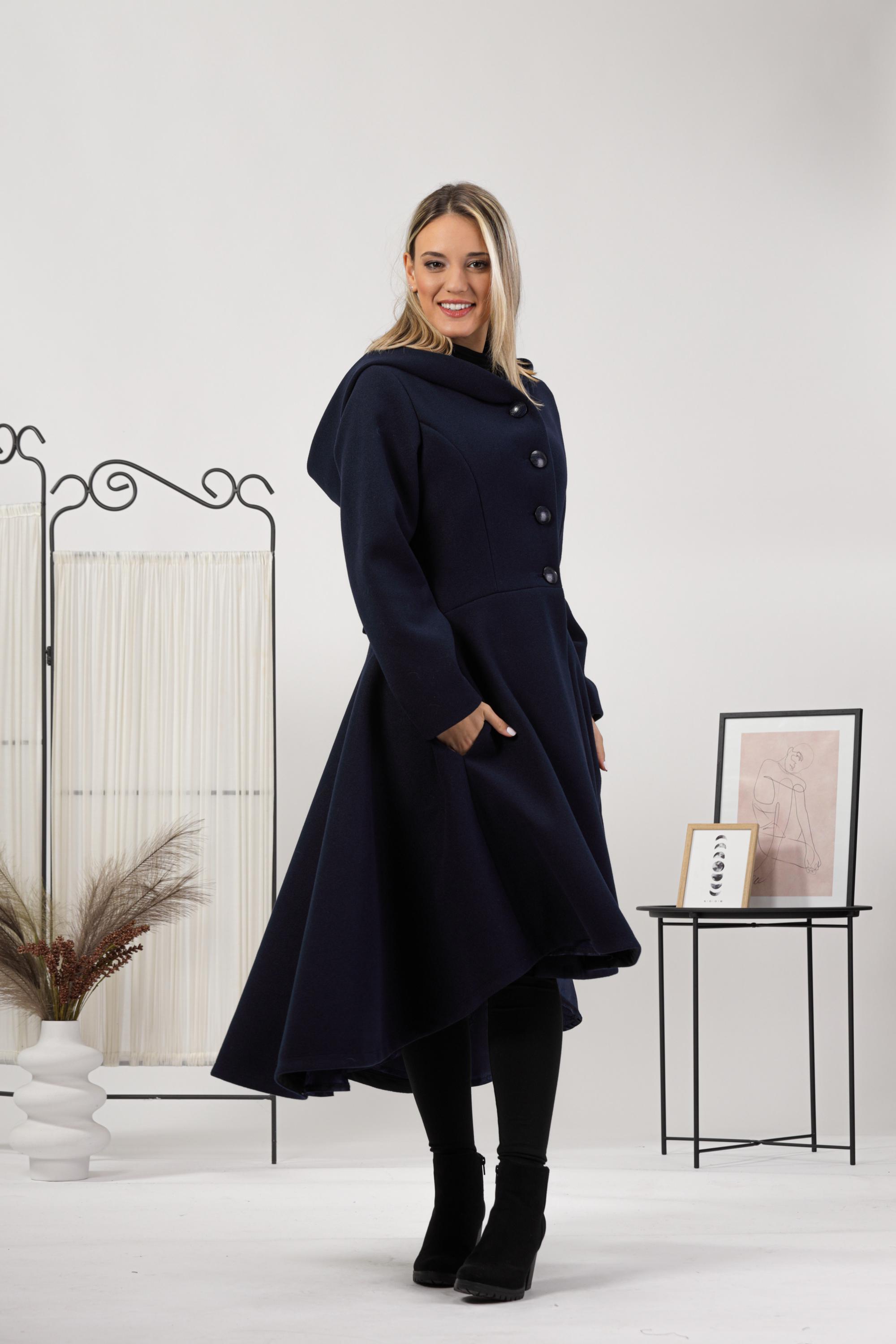 Waist Line Feminine Overcoat With Big Hood, Warm Lined Swing Coat
