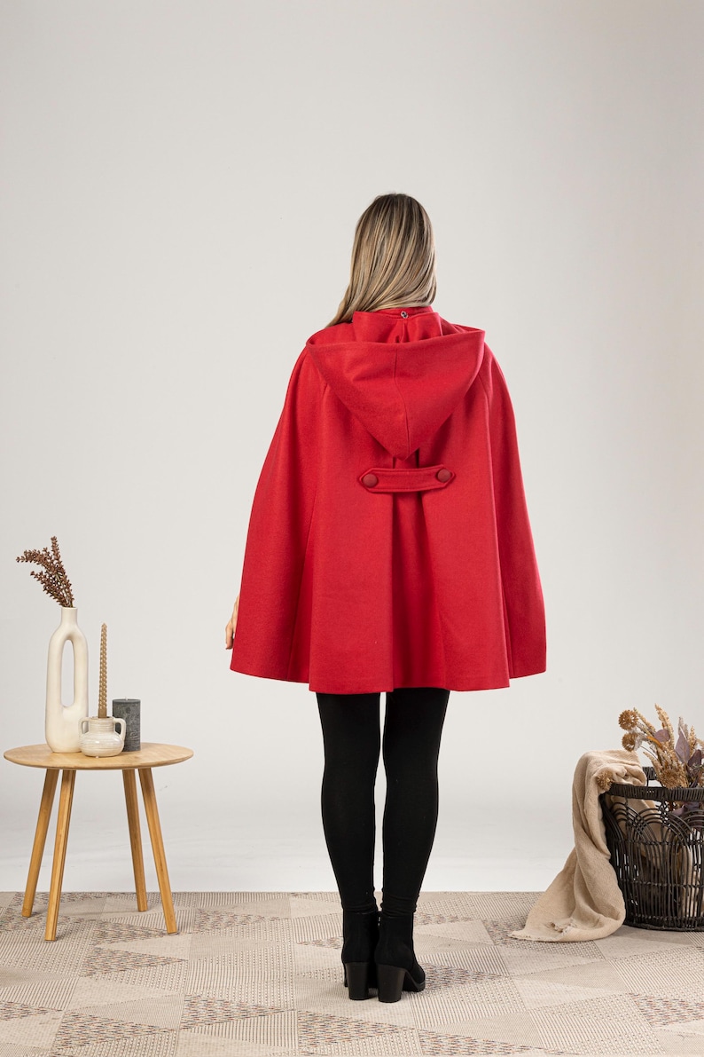Hooded Cape Coat with Pockets, Winter Poncho Cloak, Plus Size Clothing, Short Cape Wool Mix Cloak, Poncho Jacket, Elegant Petite Swing Cape image 9
