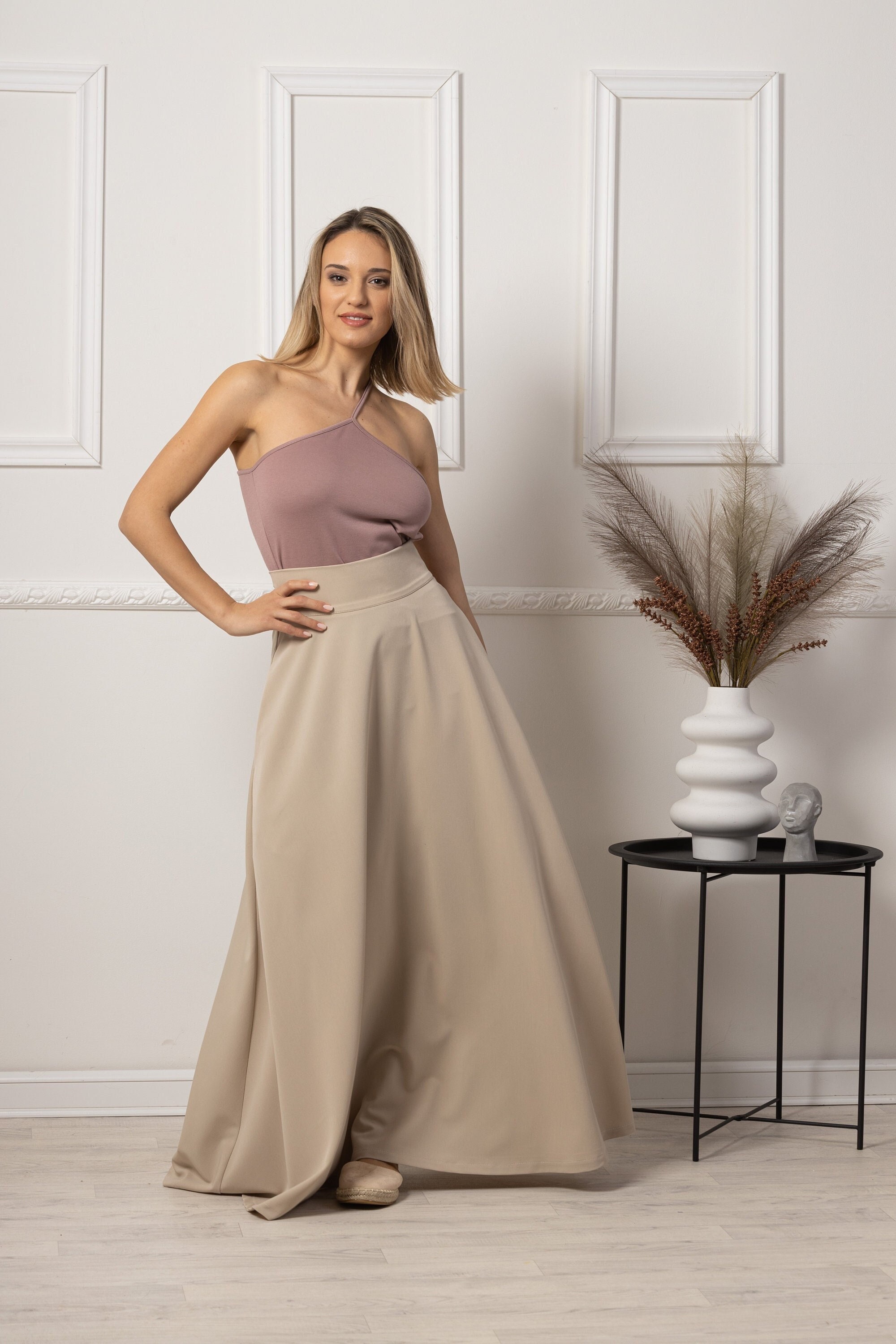 Beige Victorian Walking Skirt, Maxi Light Academia Skirt