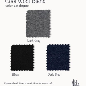 May include: A color catalogue displaying swatches of a cool wool blend fabric. The swatches are dark gray, black, and dark blue. The text "Cool Wool Blend" and "color catalogue" are at the top. The brand name "Nikka" is in the bottom right corner.