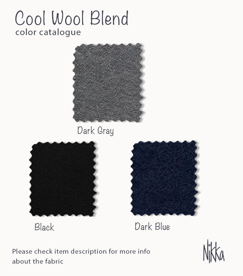 May include: A color catalogue displaying swatches of a cool wool blend fabric. The swatches are dark gray, black, and dark blue. The text "Cool Wool Blend" and "color catalogue" are at the top. The brand name "Nikka" is in the bottom right corner.