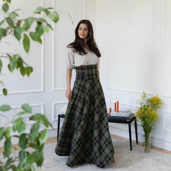 Sサイズのグリーンチェック柄スカート、ポケット付きウルトラハイ