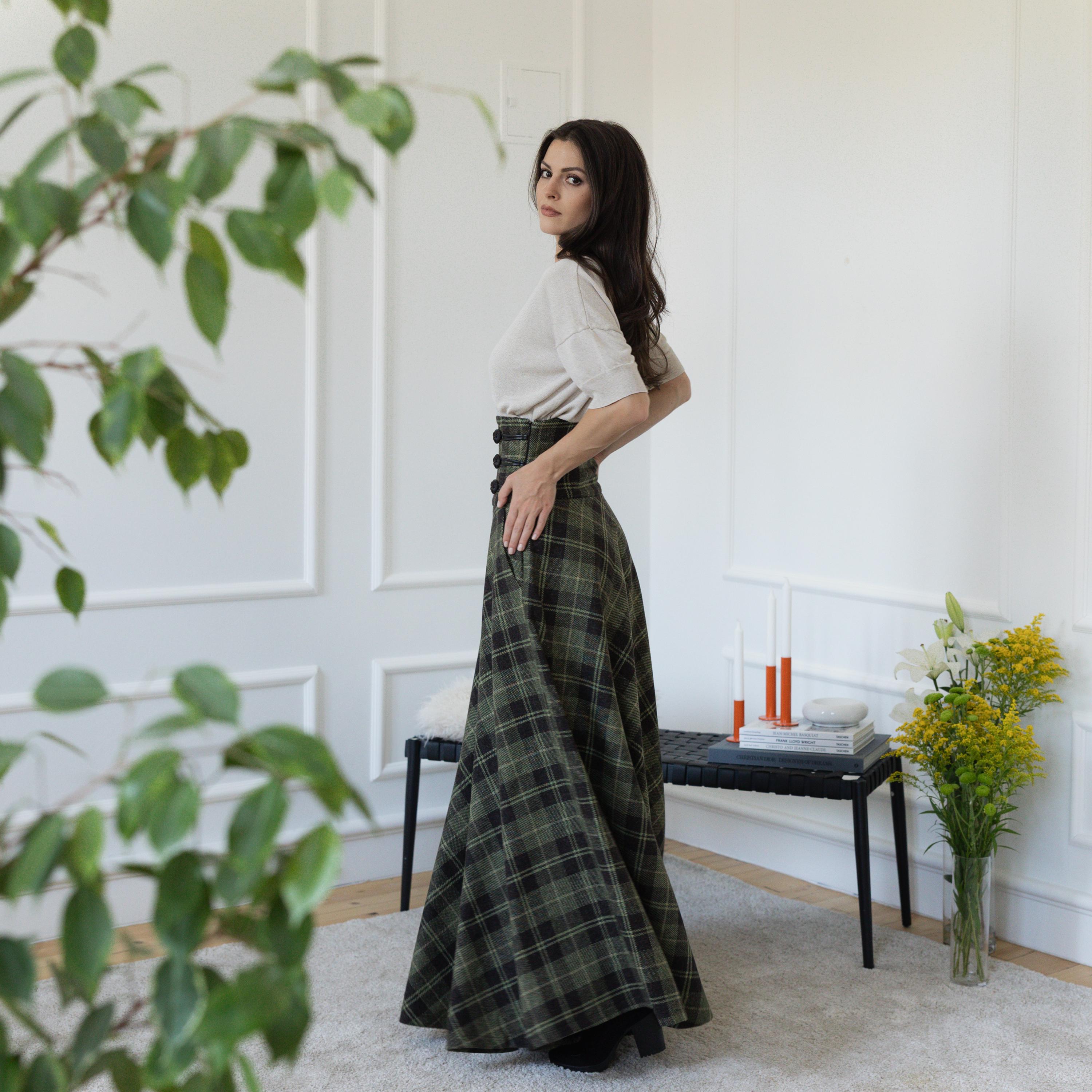 Sサイズのグリーンチェック柄スカート、ポケット付きウルトラハイ