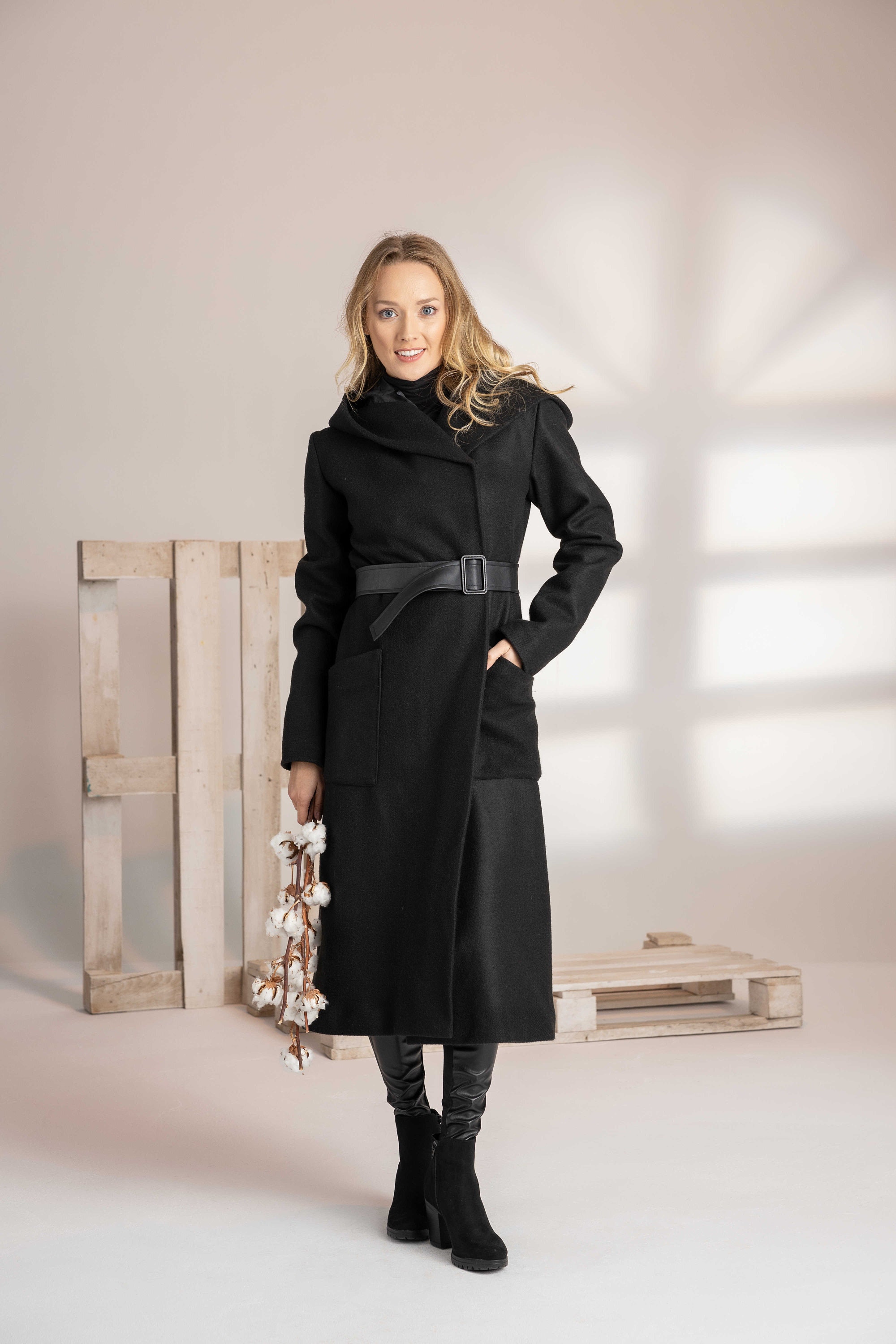 Long Hooded Wool Coat With Leather Belt Oversized Plus Size - Etsy Sweden