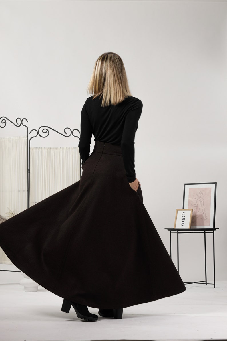 Edwardian-Inspired Soft Wool Ankle Length Skirt, Maxi Waistline Grace Skirt, Black Walking Pockets Skirt, Winter A Line Plus Size Skirt image 3