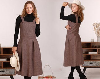 Wool Cottagecore Overall Dress, Pinafore Jumper Dress, Midi Pleated Straps Dress, French Winter Dress