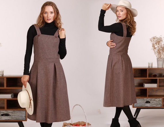 Wool Cottagecore Overall Dress, Pinafore Jumper Dress, Midi Pleated Straps  Dress, French Winter Dress -  Canada