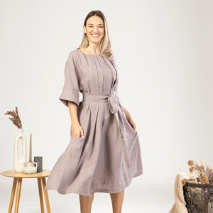 Wide Linen Lavender Prairie Dress, Belted Summer Midi Dress, 50s Style Swing Dress,Lovely Plus Size Circle Dress, Modest Linen Pleated Dress