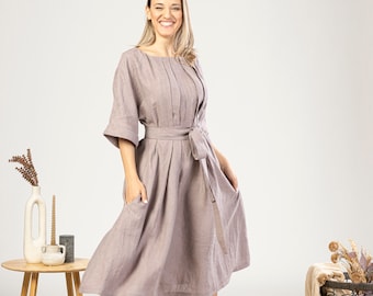 Wide Linen Lavender Prairie Dress, Belted Summer Midi Dress, 50s Style Swing Dress,Lovely Plus Size Circle Dress, Modest Linen Pleated Dress