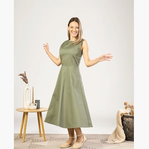 1950s Inspired Sage Green Cotton Swing Dress, Formal Event Long Summer Party Dress,Feminine Waistline Prairie Dress,Simple Petite Gown Dress
