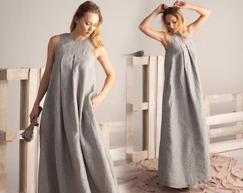 Oversized Linen Abaya Dress, Plus Size Minimalist Style Dress, Natural Linen Maxi Kaftan Dress, Summer Full Length Dress,Loose Pockets Dress