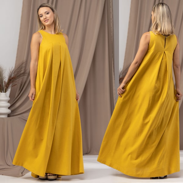 Empire Waist Plus Size Maxi Linen Dress, Bright Mustard Yellow Summer Dress, Lagenlook Kaftan Dress, Linen Vacation Dress, Casual Abaya