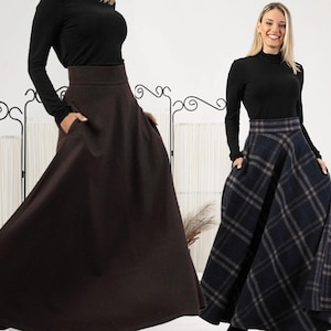 Plaid Wool Maxi Skirt, Victorian Walking Skirt, Floor Length High Waisted Skirt, Long Edwardian Wool Pocket Skirt, Plus Size Full Skirt