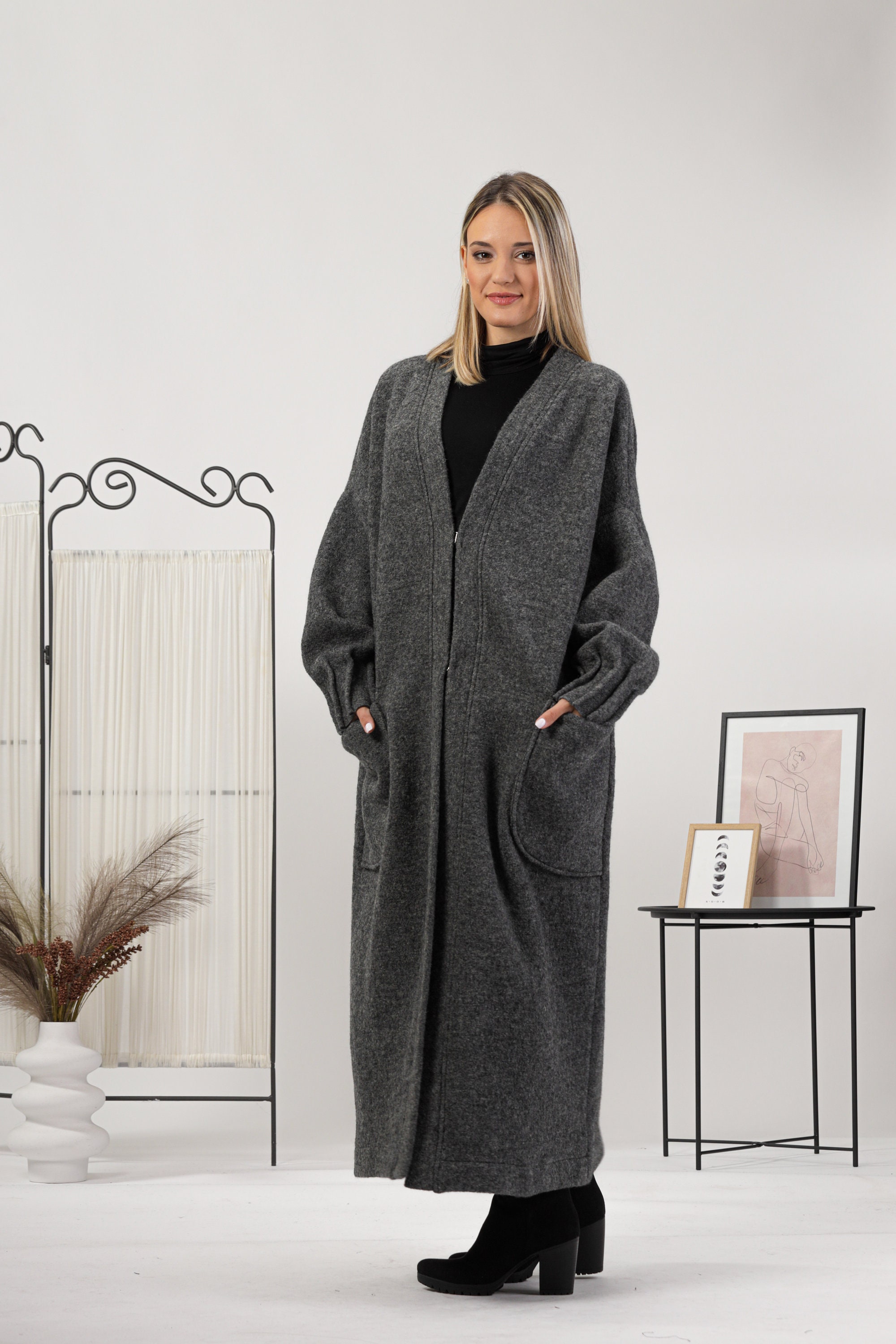 Boiled wool top long cardigan