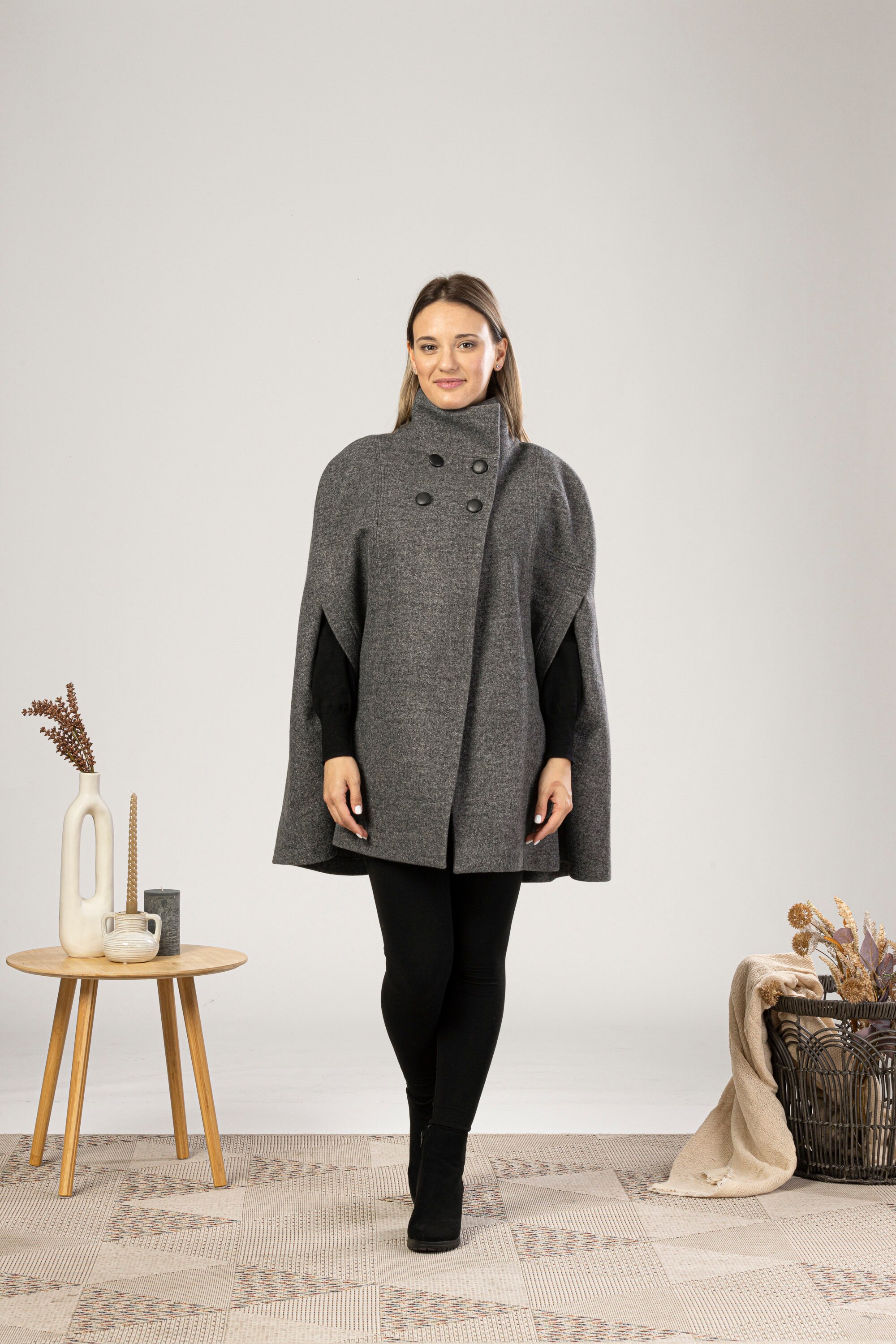Wool Cape Coat, Winter Swing Coat With Buttons, High Collar Wool Cape Coat, Winter Swing Coat With Buttons, High Collar