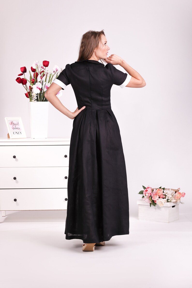 Black Shirt Dress Linen Maxi Dress Peasant Dress Linen Etsy