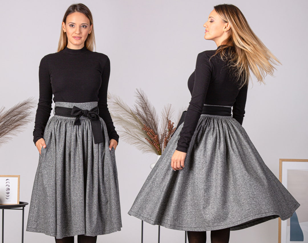 【AAKE】WOOL STRAP FLARE SK Midi Wool Circle Skirt With Tie Belt and Pockets, High Waist