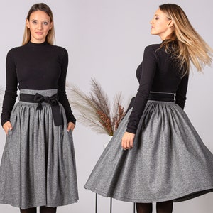 Midi Wool Circle Skirt with Tie Belt and Pockets, High Waist Skirt for Winter, Plus Size Flare Skirt, Minimalist Warm Skirt Below the Knee
