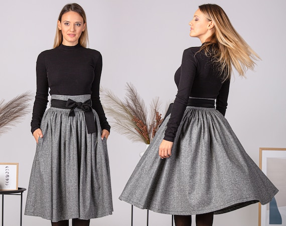 Midi Wool Circle Skirt With Tie Belt and Pockets, High Waist Skirt