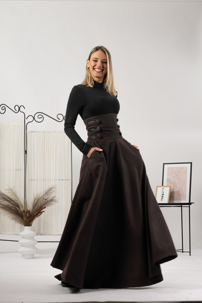 High Waist Victorian Skirt, Edwardian Walking Skirt, Dark Academia Wool Maxi Gored Skirt With Pockets, Plus Size Steampunk Circle Bell Skirt Dark Chocolate