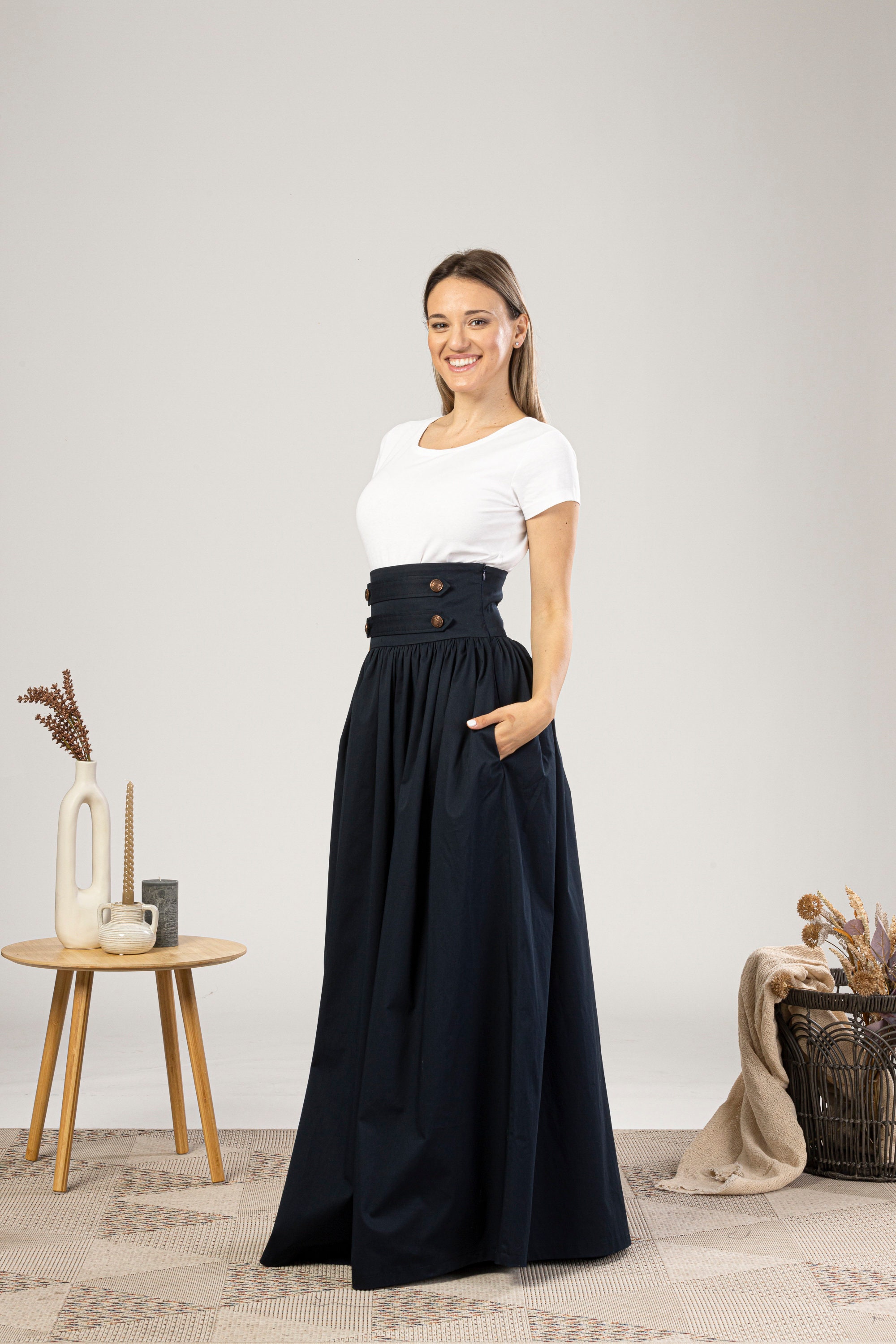 Extra High-waisted Maxi Flared Skirt With Waistband Buttons