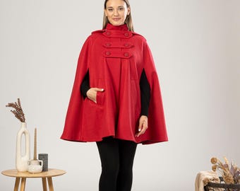 ネイビーブルーの乗馬ポンチョケープコート、プラスサイズのショート